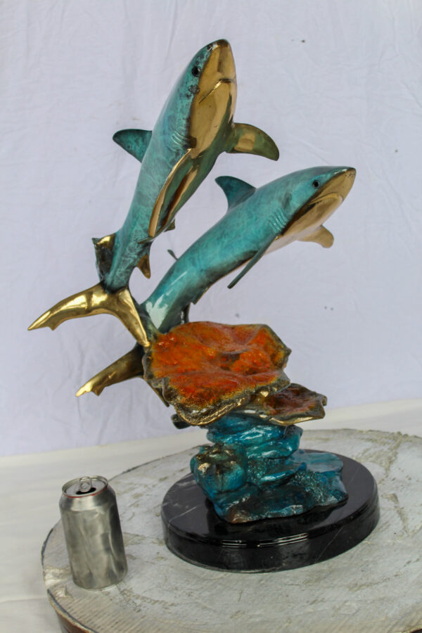Bronze Shark Sculpture With Coral Reef Base Lost Wax Cast 11" x 16" x 23"H - Image 3