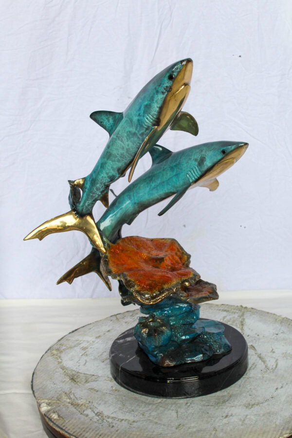 Bronze Shark Sculpture With Coral Reef Base Lost Wax Cast 11" x 16" x 23"H - Image 4