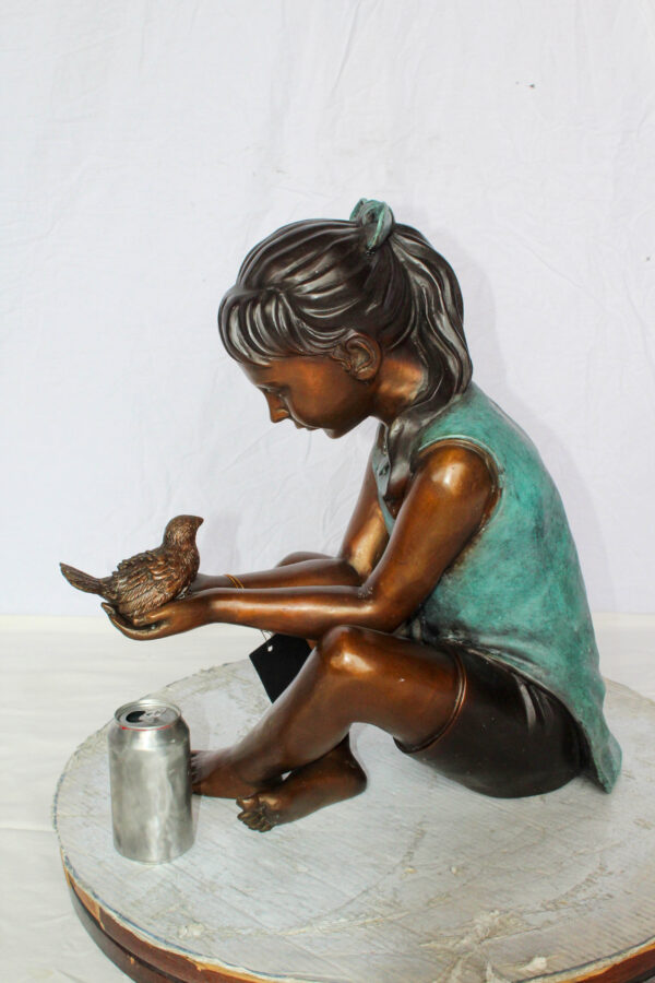 Bronze Girl Holding Bird Statue Lost Wax Sculpture with Patina 19" x 10" x 20"H - Image 4