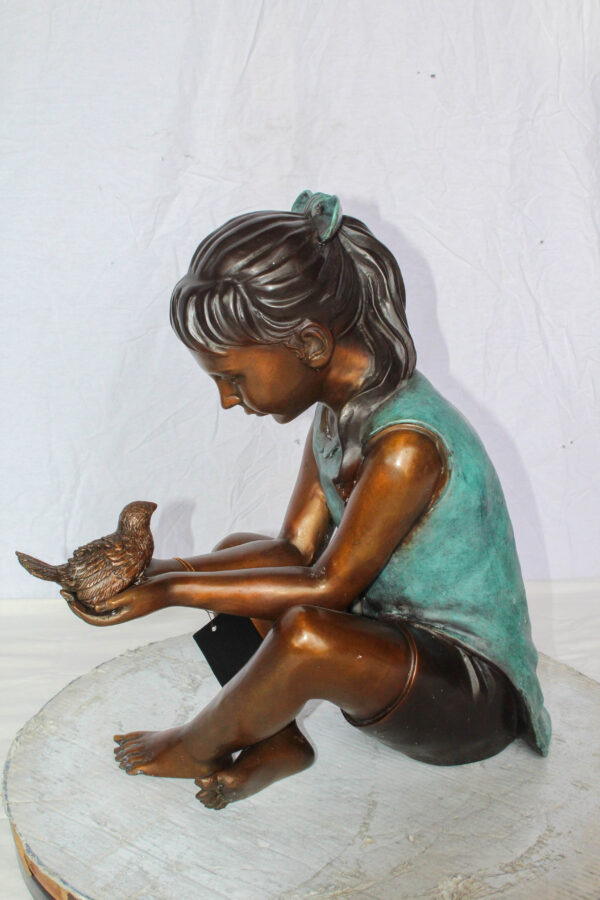 Bronze Girl Holding Bird Statue Lost Wax Sculpture with Patina 19" x 10" x 20"H - Image 5