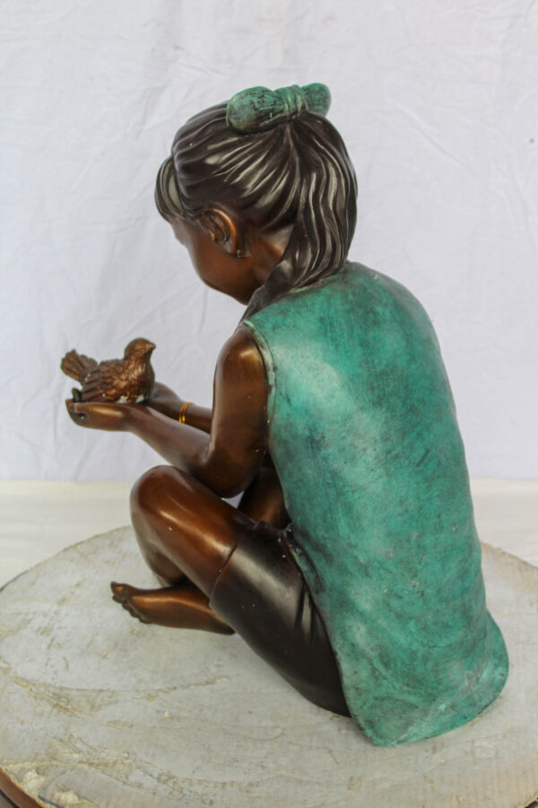 Bronze Girl Holding Bird Statue Lost Wax Sculpture with Patina 19" x 10" x 20"H - Image 6