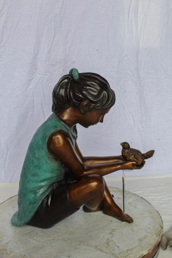 Bronze Girl Holding Bird Statue Lost Wax Sculpture with Patina 19" x 10" x 20"H - Image 8