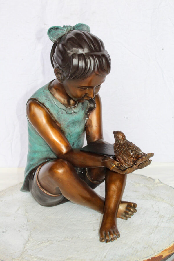Bronze Girl Holding Bird Statue Lost Wax Sculpture with Patina 19" x 10" x 20"H - Image 9
