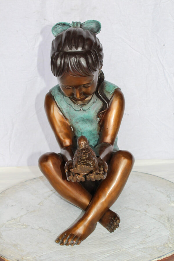 Bronze Girl Holding Bird Statue Lost Wax Sculpture with Patina 19" x 10" x 20"H - Image 10