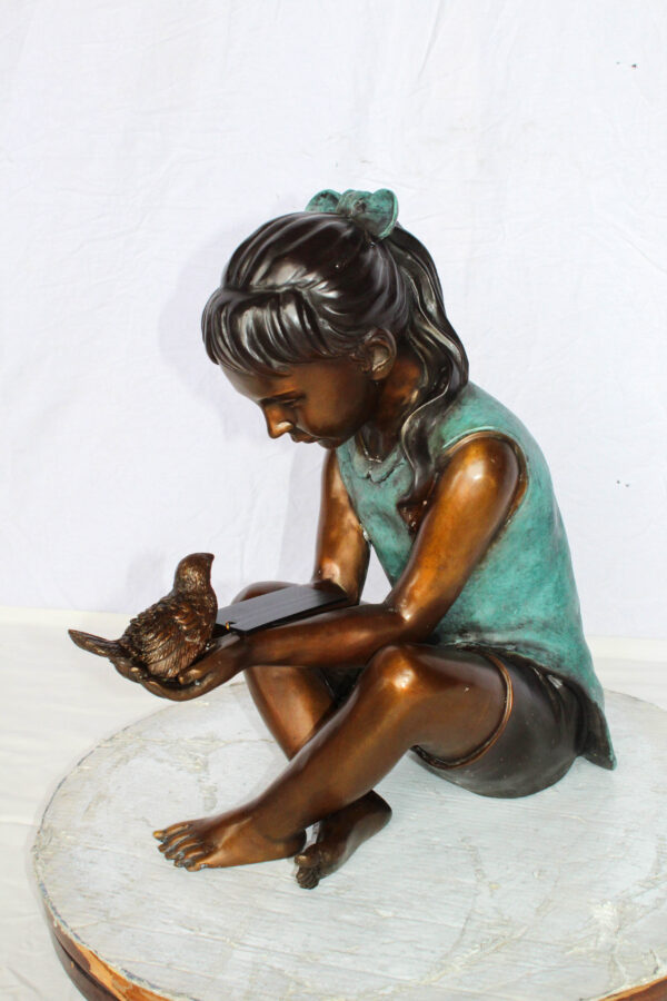 Bronze Girl Holding Bird Statue Lost Wax Sculpture with Patina 19" x 10" x 20"H - Image 11