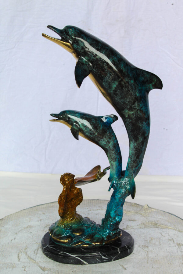 Bronze Dolphins and Mermaid Statue Ocean Fantasy Décor 9" x 7" x 22"H - Image 3