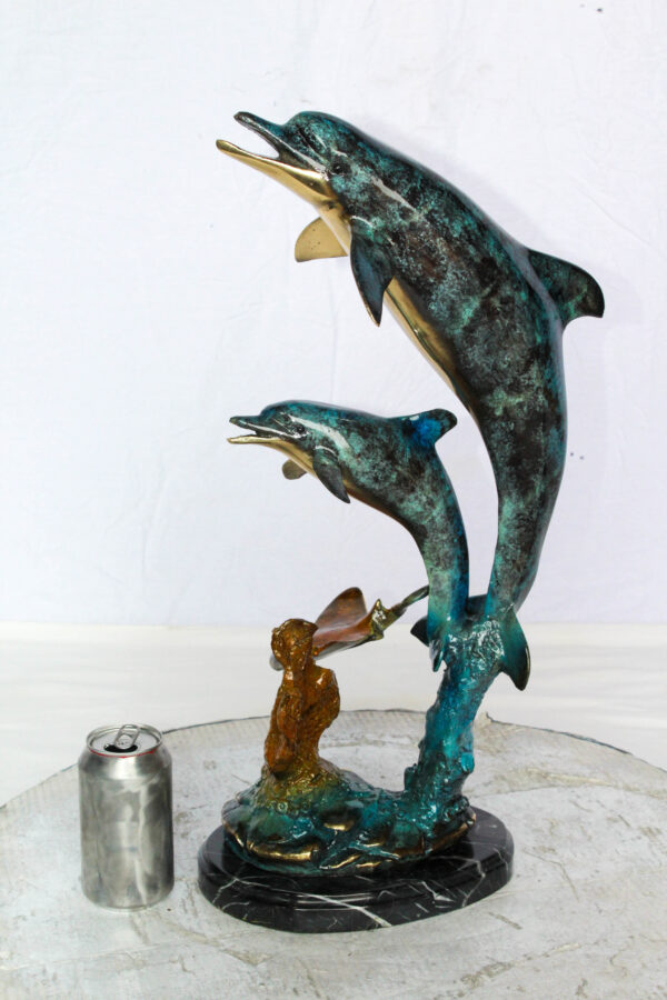 Bronze Dolphins and Mermaid Statue Ocean Fantasy Décor 9" x 7" x 22"H - Image 4