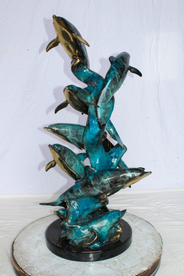 Bronze Dolphin Pod Ocean Sculpture for Coastal Décor 14" x 16" x 35"H - Image 2