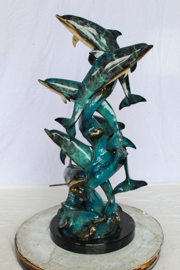 Bronze Dolphin Pod Ocean Sculpture for Coastal Décor 14" x 16" x 35"H - Image 3