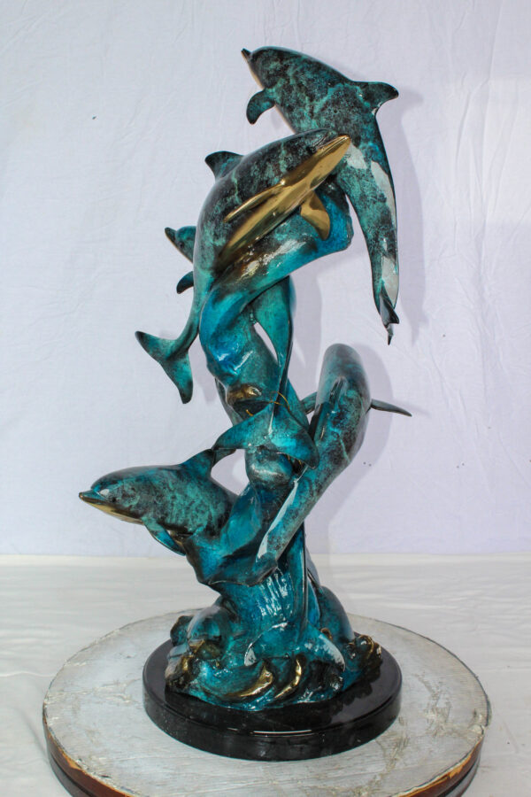 Bronze Dolphin Pod Ocean Sculpture for Coastal Décor 14" x 16" x 35"H - Image 4