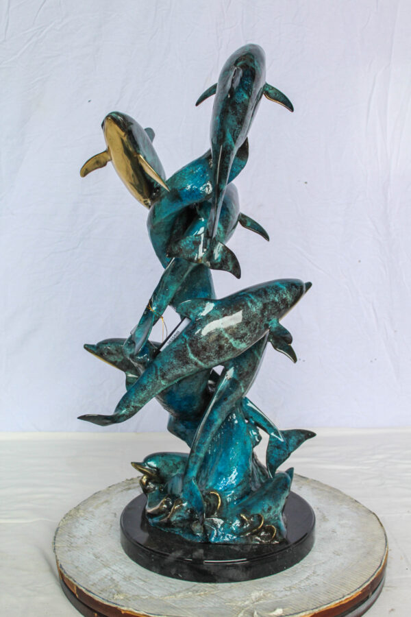 Bronze Dolphin Pod Ocean Sculpture for Coastal Décor 14" x 16" x 35"H - Image 5