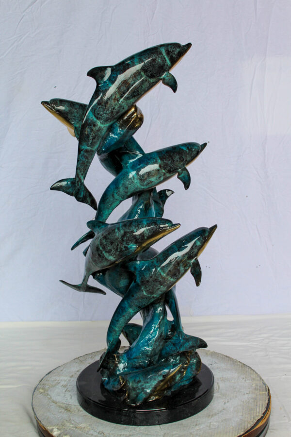 Bronze Dolphin Pod Ocean Sculpture for Coastal Décor 14" x 16" x 35"H - Image 6