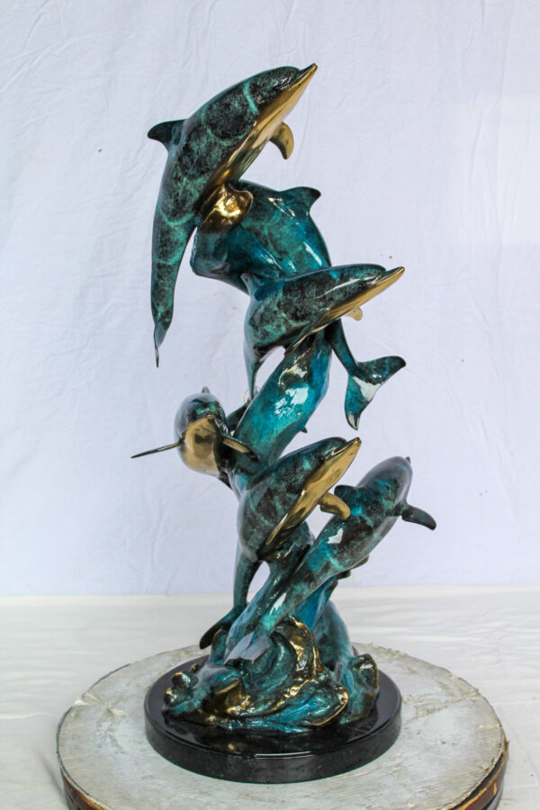 Bronze Dolphin Pod Ocean Sculpture for Coastal Décor 14" x 16" x 35"H - Image 7