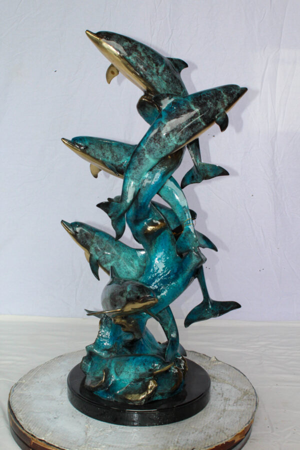 Bronze Dolphin Pod Ocean Sculpture for Coastal Décor 14" x 16" x 35"H - Image 9