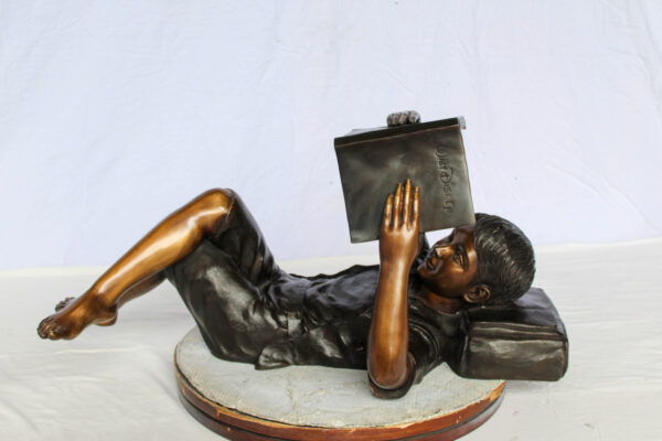 Boy Reading Bronze Statue with Book Raised Overhead 41" x 22" x 18"H - Image 13