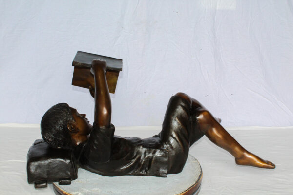 Boy Reading Bronze Statue with Book Raised Overhead 41" x 22" x 18"H - Image 7