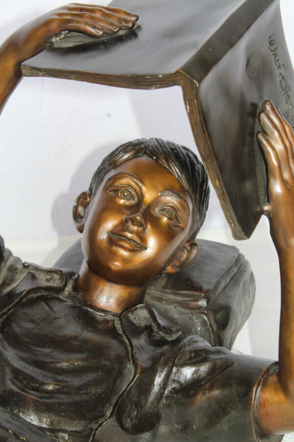 Boy Reading Bronze Statue with Book Raised Overhead 41" x 22" x 18"H - Image 10