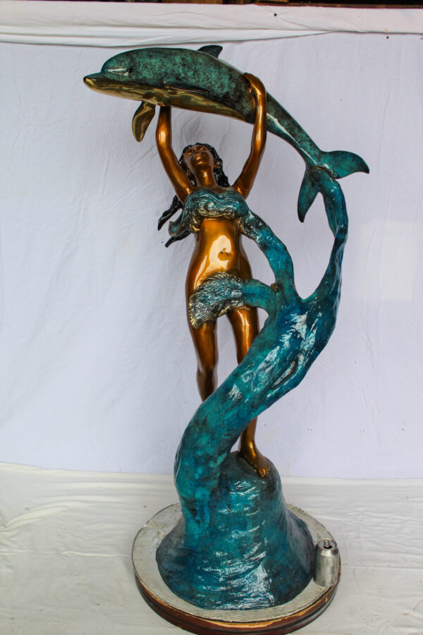Bronze Mermaid And Dolphin Fountain Statue Lost Wax Sculpture 25" x 24" x 57"H - Image 11