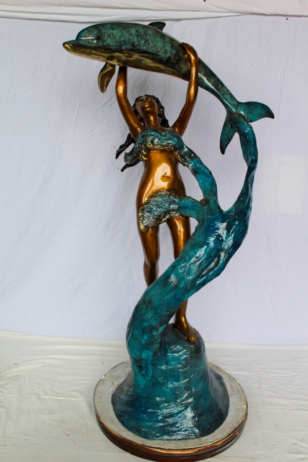 Bronze Mermaid And Dolphin Fountain Statue Lost Wax Sculpture 25" x 24" x 57"H - Image 2