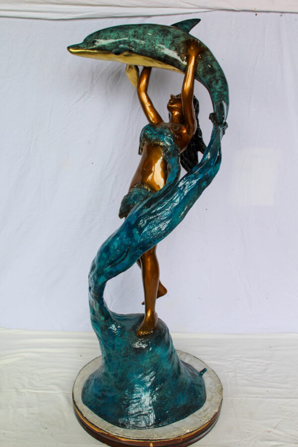 Bronze Mermaid And Dolphin Fountain Statue Lost Wax Sculpture 25" x 24" x 57"H - Image 3