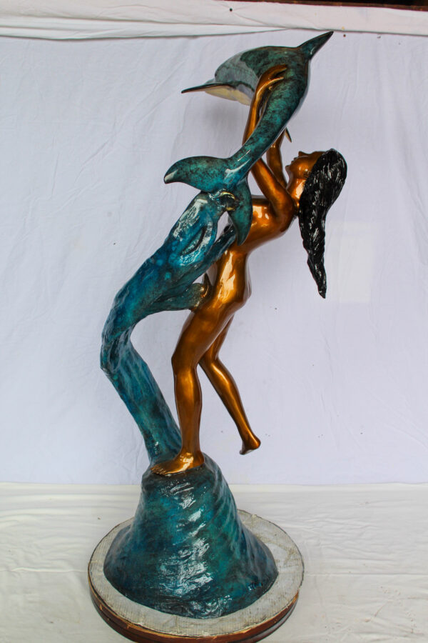 Bronze Mermaid And Dolphin Fountain Statue Lost Wax Sculpture 25" x 24" x 57"H - Image 4