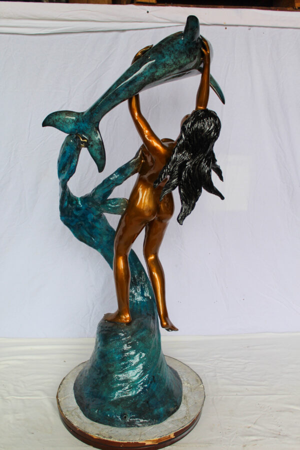 Bronze Mermaid And Dolphin Fountain Statue Lost Wax Sculpture 25" x 24" x 57"H - Image 5