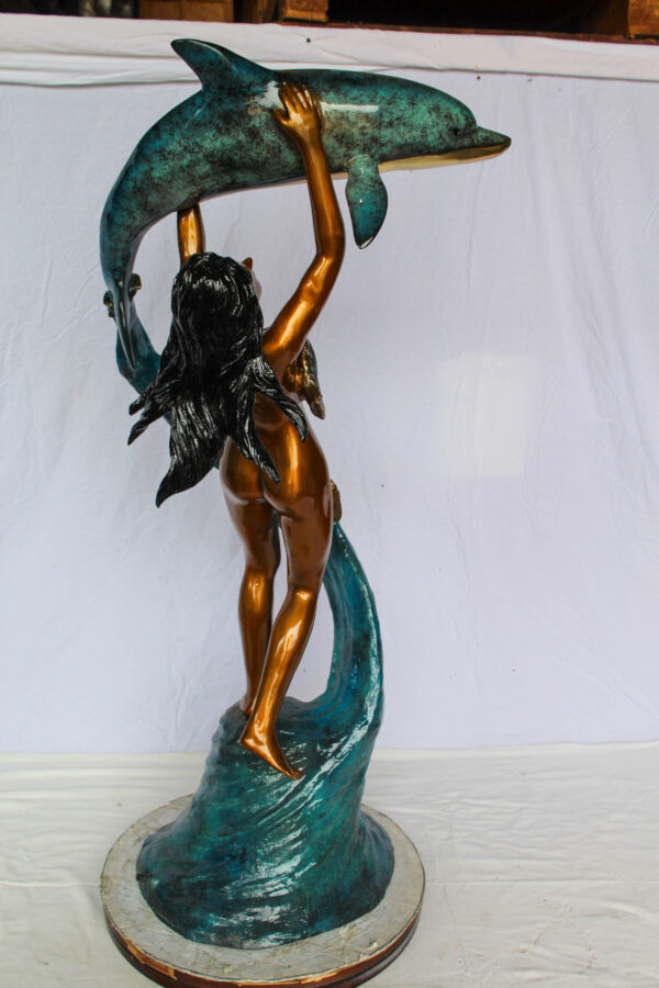 Bronze Mermaid And Dolphin Fountain Statue Lost Wax Sculpture 25" x 24" x 57"H - Image 6