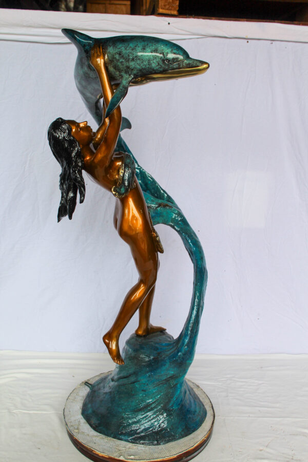 Bronze Mermaid And Dolphin Fountain Statue Lost Wax Sculpture 25" x 24" x 57"H - Image 7