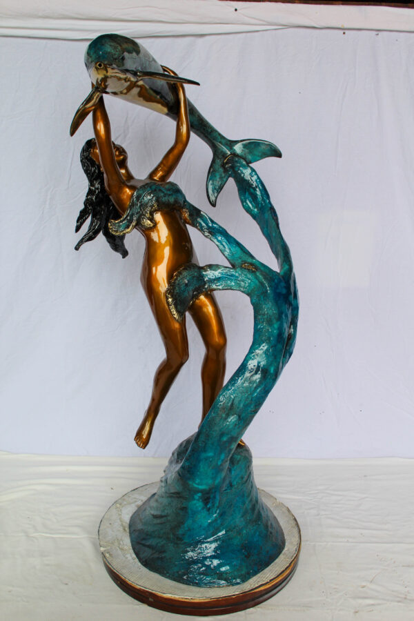 Bronze Mermaid And Dolphin Fountain Statue Lost Wax Sculpture 25" x 24" x 57"H - Image 8