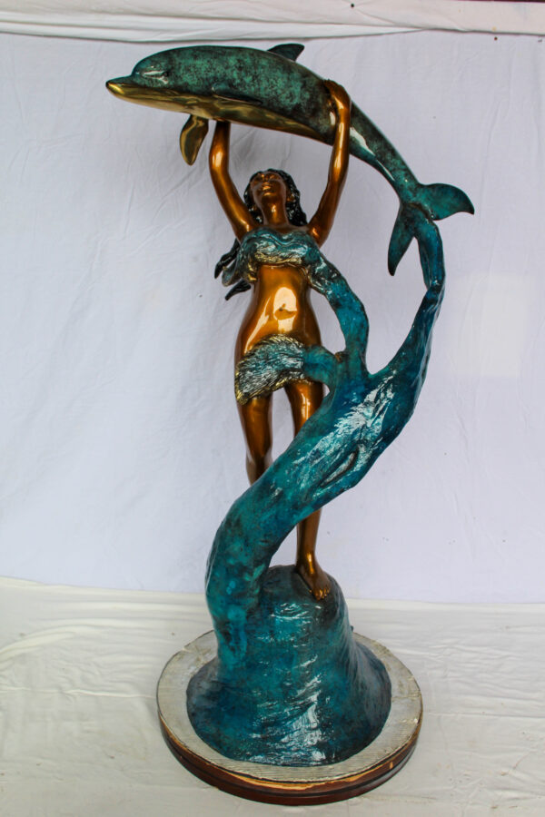 Bronze Mermaid And Dolphin Fountain Statue Lost Wax Sculpture 25" x 24" x 57"H - Image 9