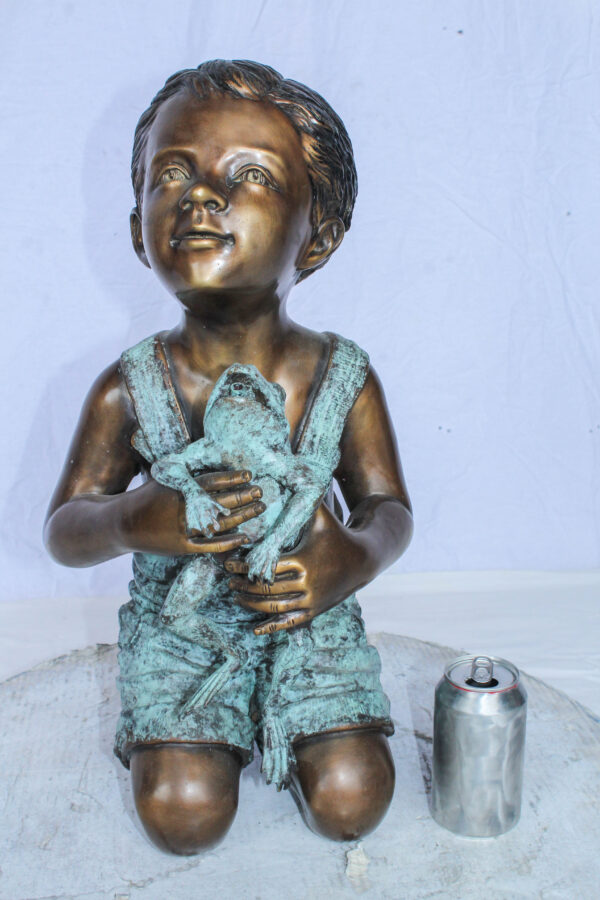 Boy Holding Frog Bronze Fountain Statue Green Patina 12" x 11" x 21"H - Image 3