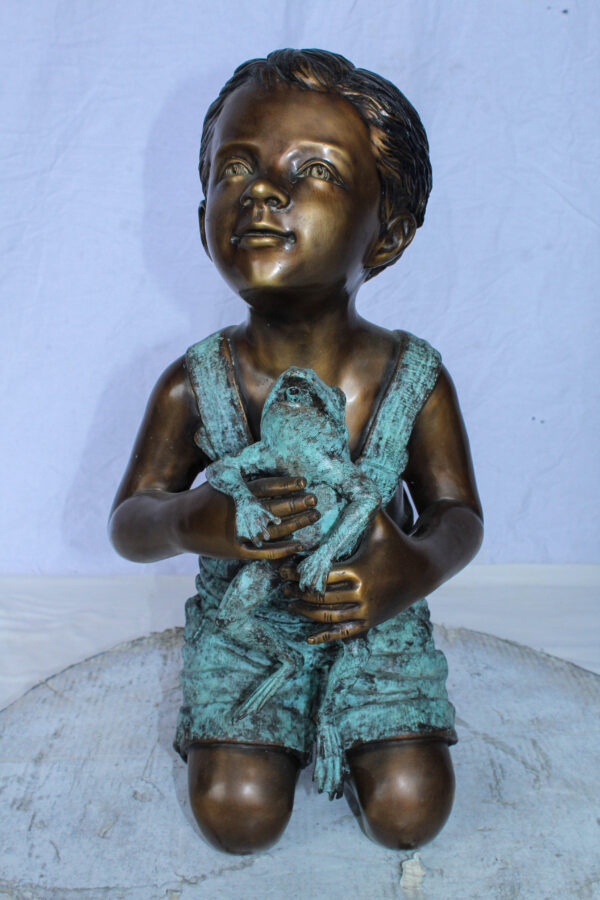 Boy Holding Frog Bronze Fountain Statue Green Patina 12" x 11" x 21"H - Image 4