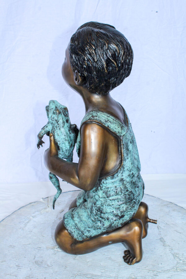 Boy Holding Frog Bronze Fountain Statue Green Patina 12" x 11" x 21"H - Image 6