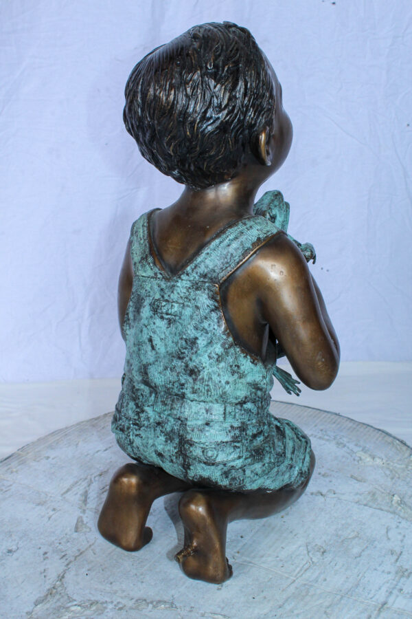 Boy Holding Frog Bronze Fountain Statue Green Patina 12" x 11" x 21"H - Image 8