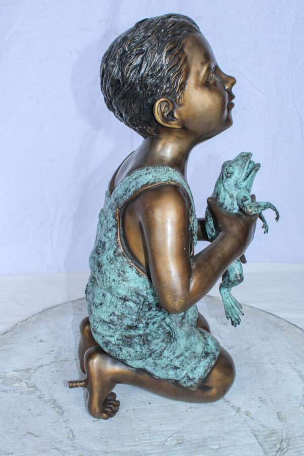 Boy Holding Frog Bronze Fountain Statue Green Patina 12" x 11" x 21"H - Image 9