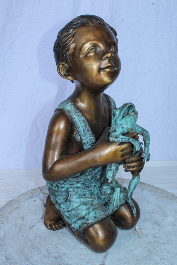 Boy Holding Frog Bronze Fountain Statue Green Patina 12" x 11" x 21"H - Image 11