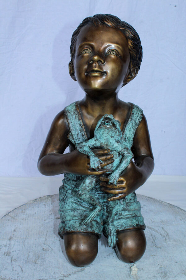 Boy Holding Frog Bronze Fountain Statue Green Patina 12" x 11" x 21"H - Image 12