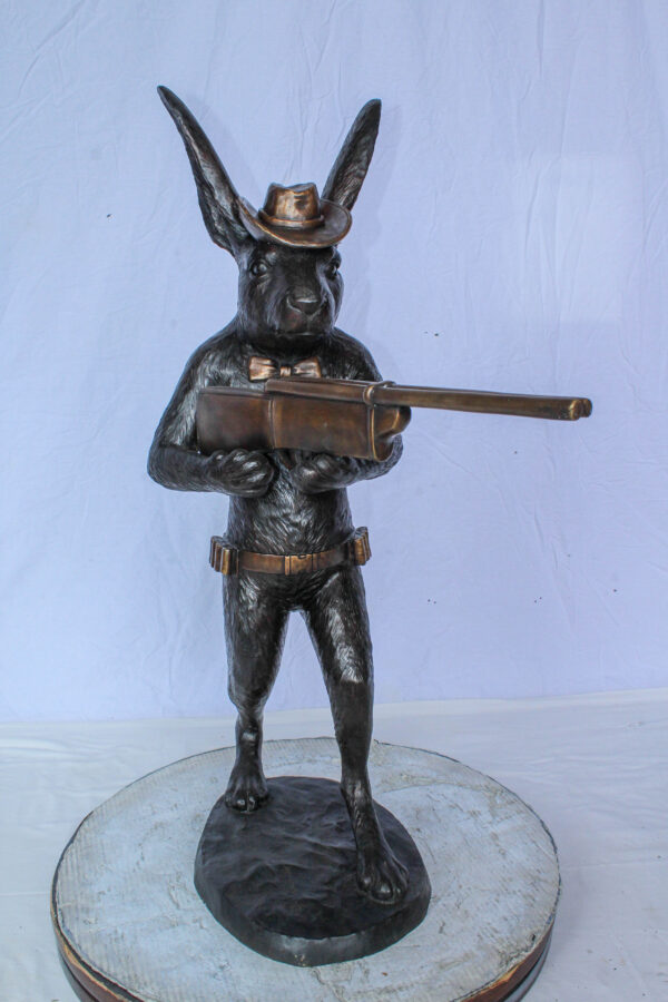 Bronze Statue of Cowboy Rabbit Holding Rifle 22" x 13" x 35"H - Image 8