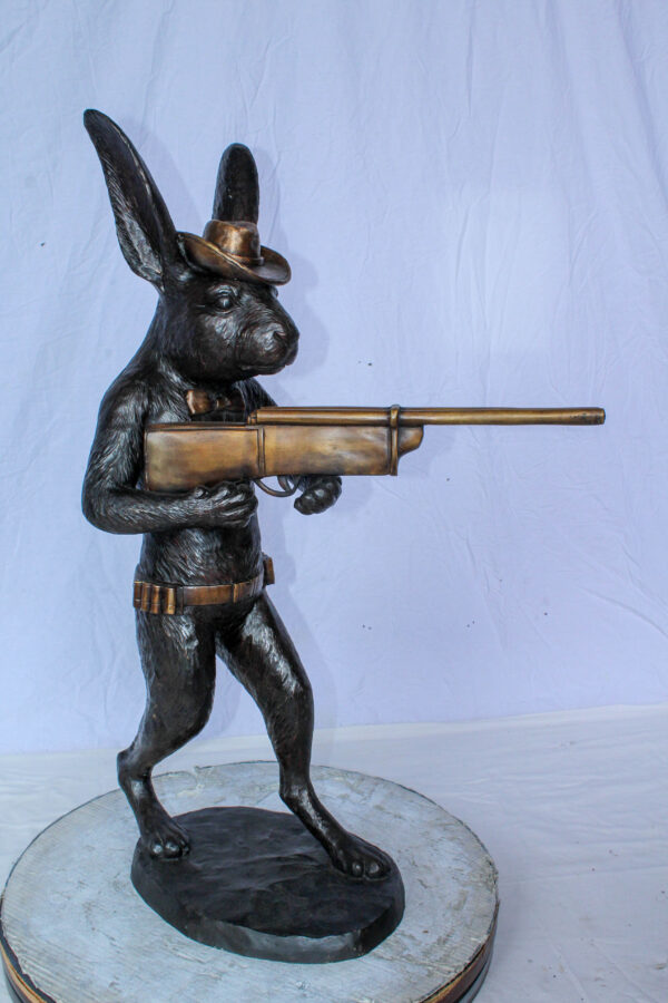 Bronze Statue of Cowboy Rabbit Holding Rifle 22" x 13" x 35"H - Image 3