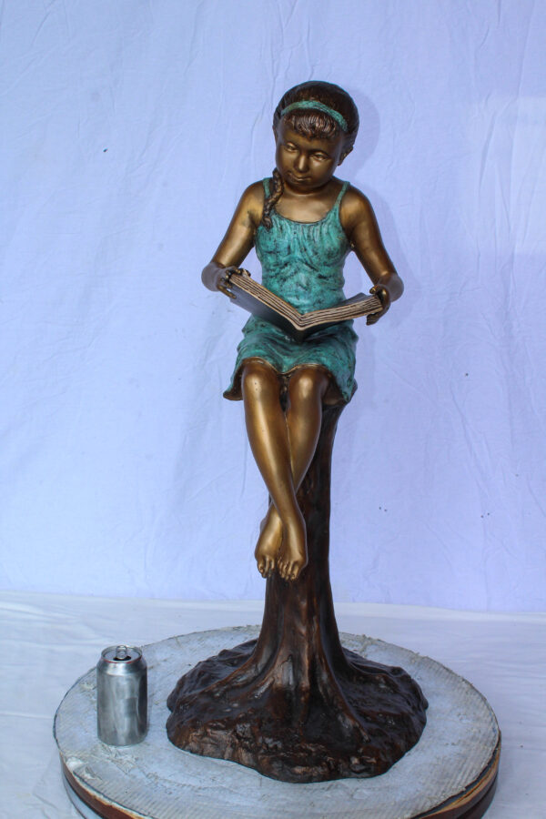 Bronze Girl Reading Book on Tree Stump Sculpture 14" x 15" x 34"H - Image 13
