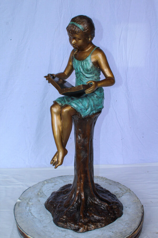 Bronze Girl Reading Book on Tree Stump Sculpture 14" x 15" x 34"H - Image 3