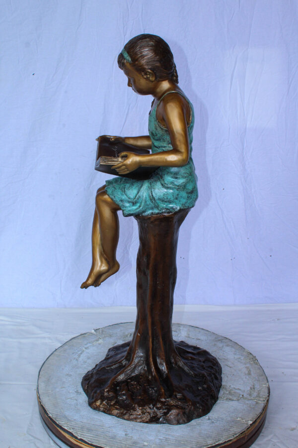 Bronze Girl Reading Book on Tree Stump Sculpture 14" x 15" x 34"H - Image 4