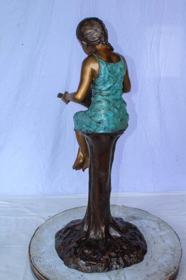 Bronze Girl Reading Book on Tree Stump Sculpture 14" x 15" x 34"H - Image 5
