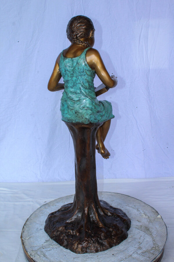 Bronze Girl Reading Book on Tree Stump Sculpture 14" x 15" x 34"H - Image 6