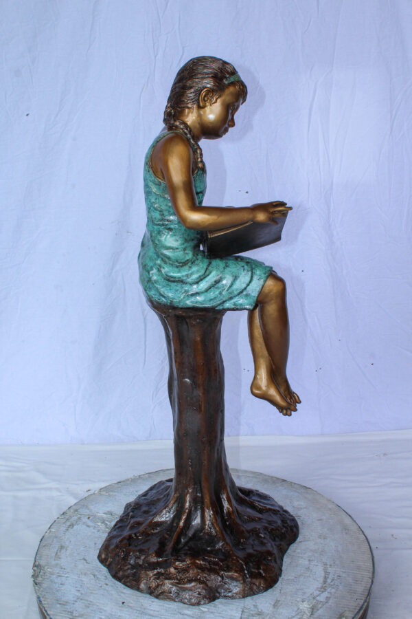Bronze Girl Reading Book on Tree Stump Sculpture 14" x 15" x 34"H - Image 7
