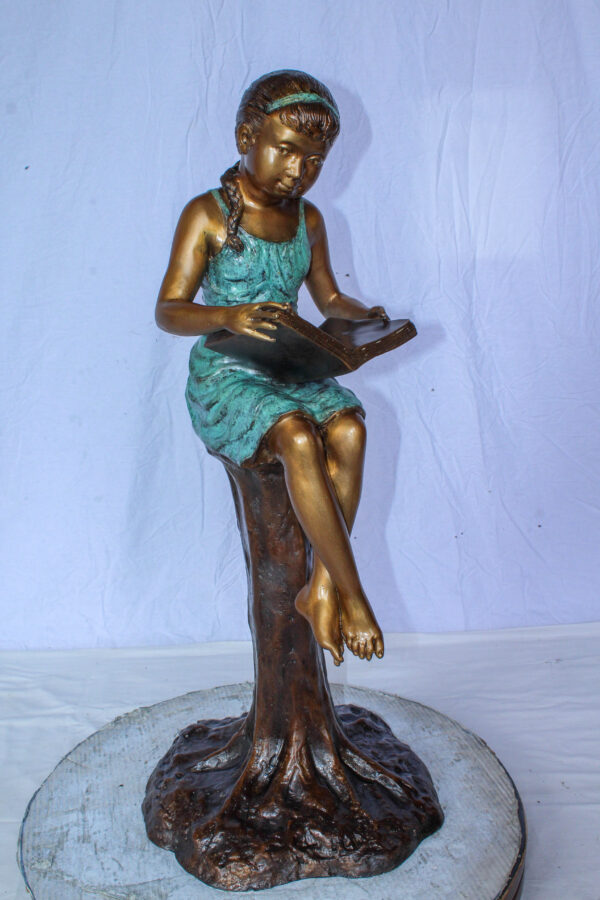 Bronze Girl Reading Book on Tree Stump Sculpture 14" x 15" x 34"H - Image 8