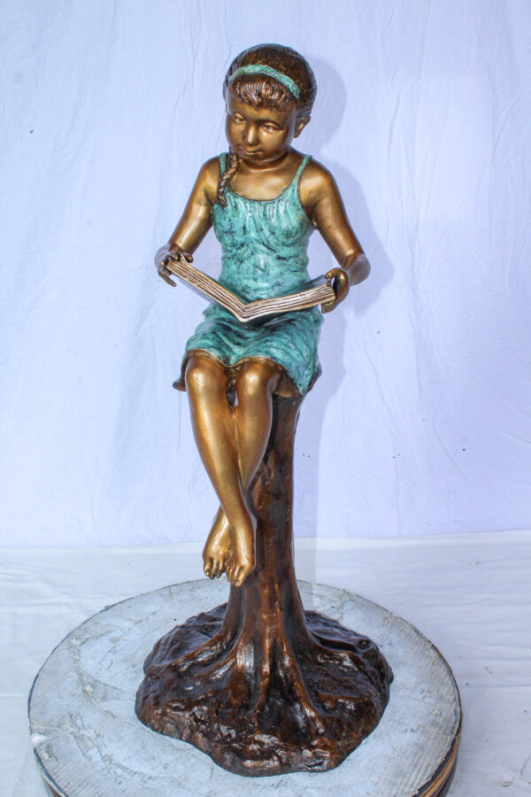 Bronze Girl Reading Book on Tree Stump Sculpture 14" x 15" x 34"H - Image 9