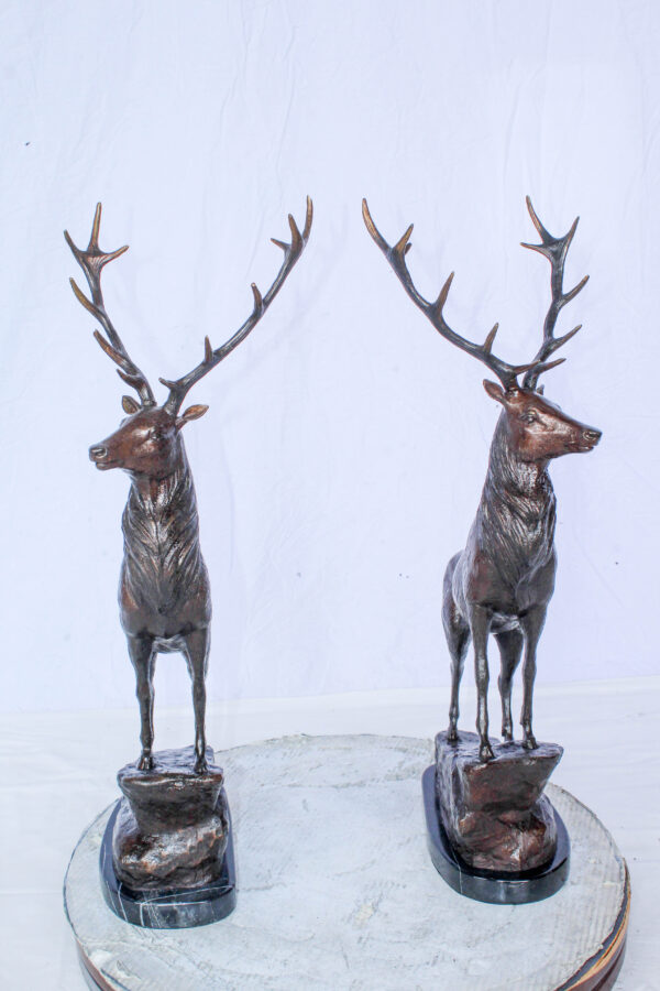 Pair of Bronze Deer Stag Statues Standing on Rock Base 14" x 10" x 28"H - Image 2