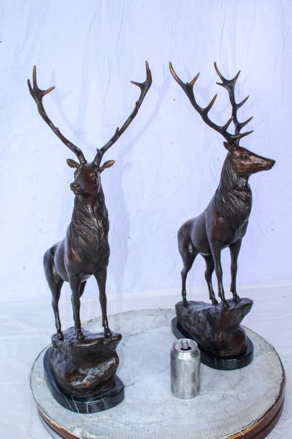 Pair of Bronze Deer Stag Statues Standing on Rock Base 14" x 10" x 28"H - Image 3
