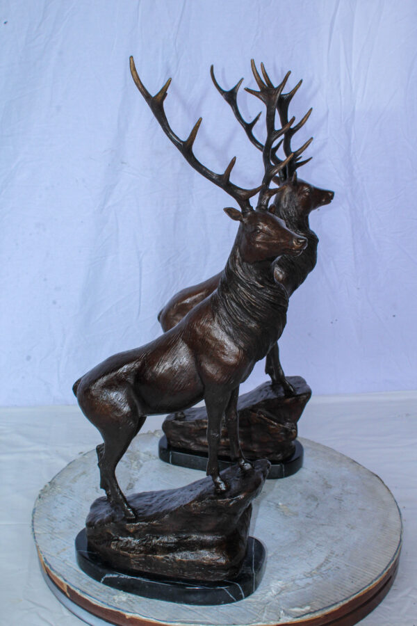 Pair of Bronze Deer Stag Statues Standing on Rock Base 14" x 10" x 28"H - Image 4